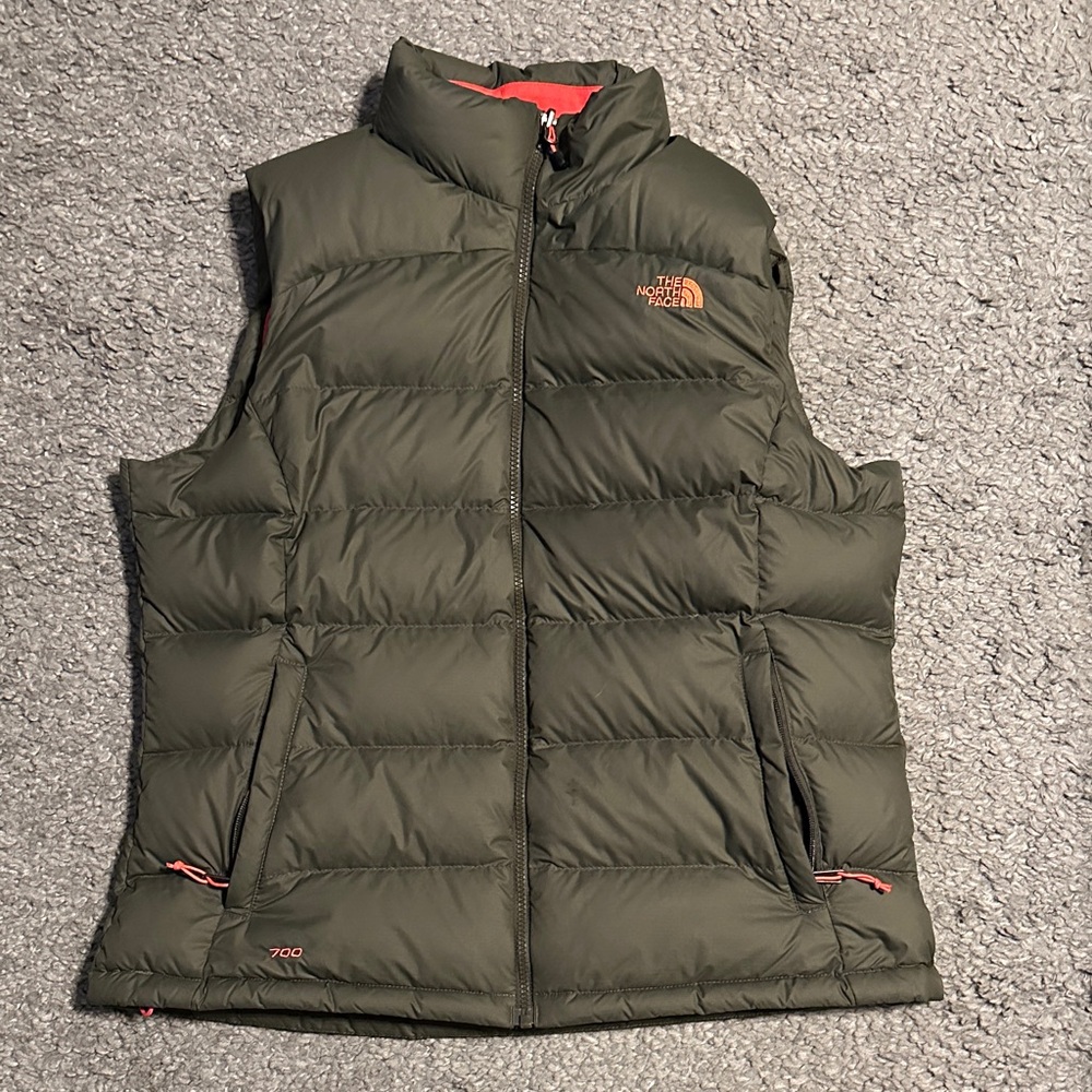 The North Face Olive Puffer Vest with Pink Accents